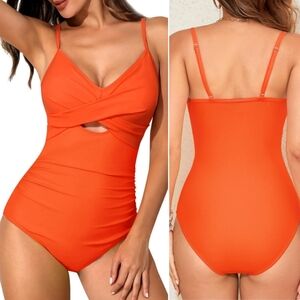 Women's Bright Orange One Piece Swimsuit With Cut-out Design Size M